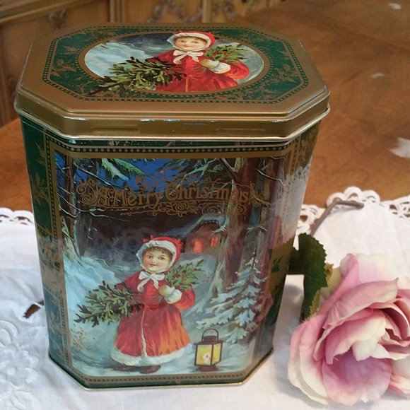 Vintage Christmas Victorian Girl Green Candy Tin - Picture 1 of 8